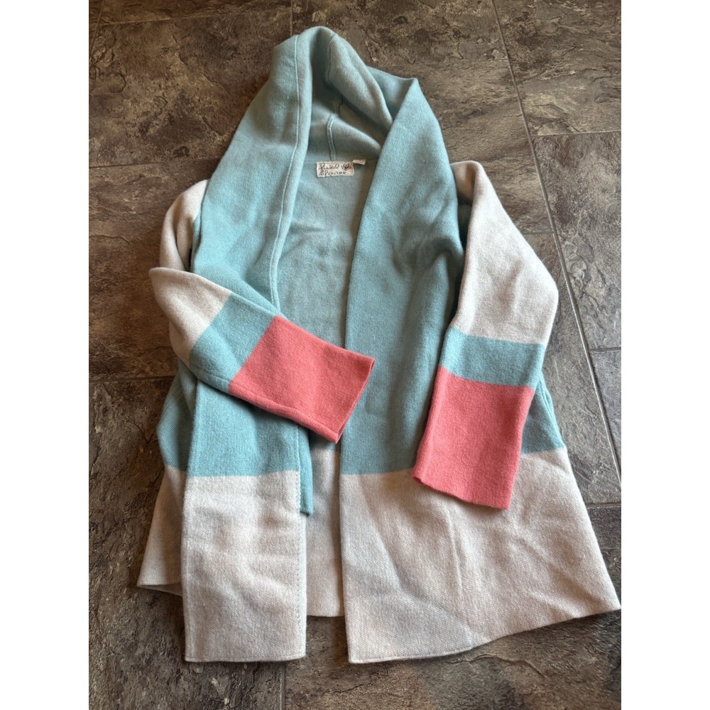 Anthropologie Blue and Coral 100% Wool Colorblock Cardigan - Picture 6 of 9